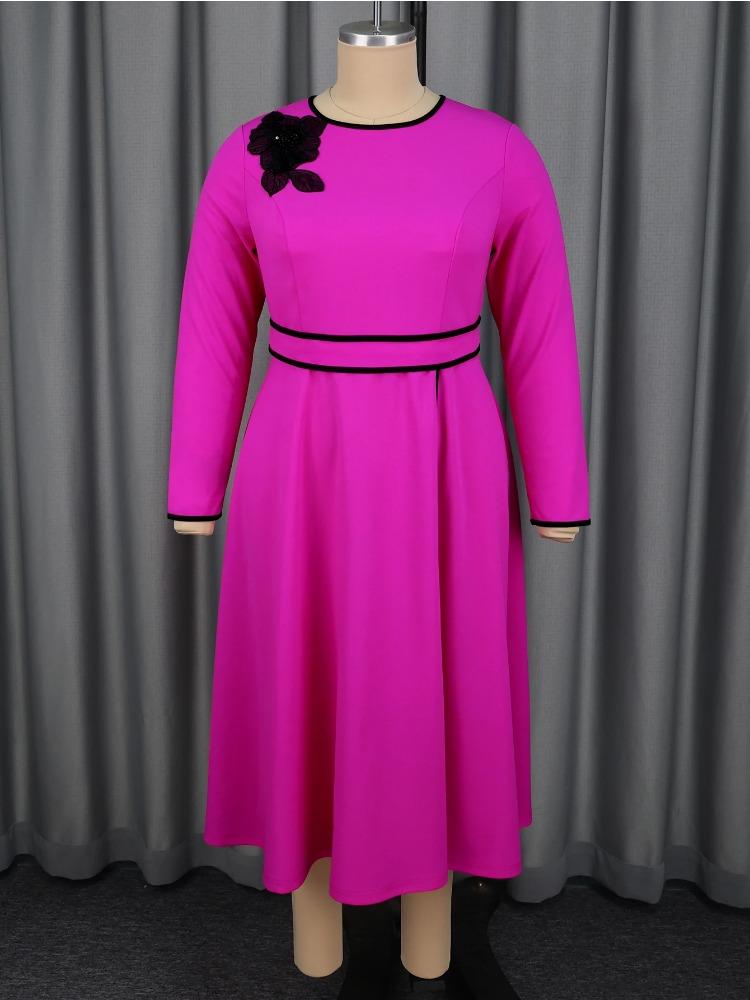 Women Elegant Rose A Line Midi Dress O Neck Long Sleeves Appliques Pleated Color Block Slit Classy Evening Party Daily Office