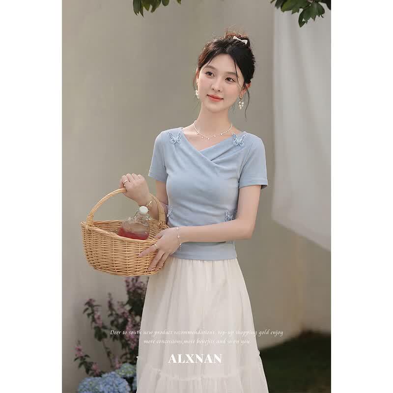 Women's Korean Style V-Neck Butterfly Short Sleeve T-Shirt