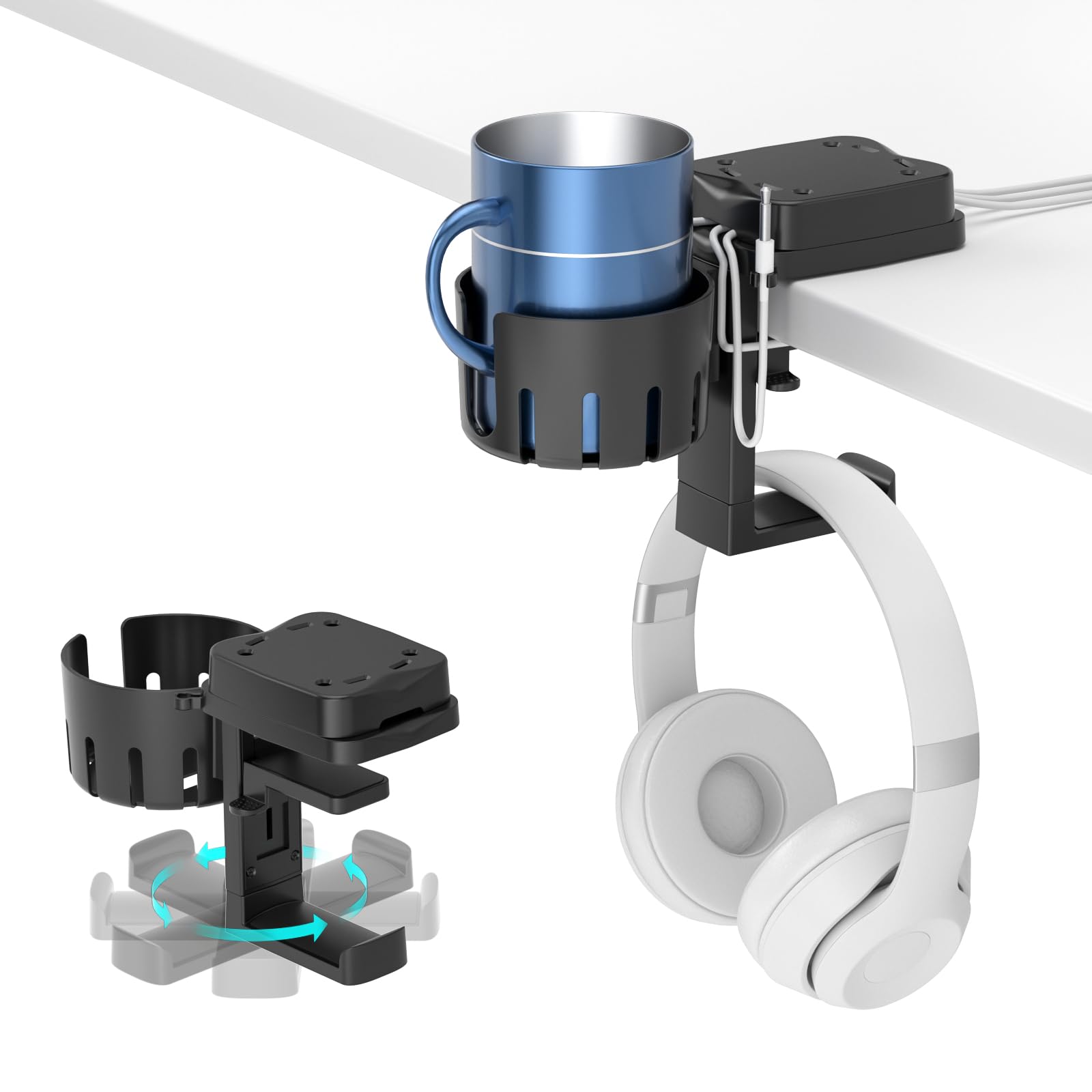

KDD Подставка для наушников и подстаканник, Съемный вращающийся на 360° держатель для наушников со стойкой для кабелей и хранилищем, 2 кабельных зажима - Подстаканник для стола,