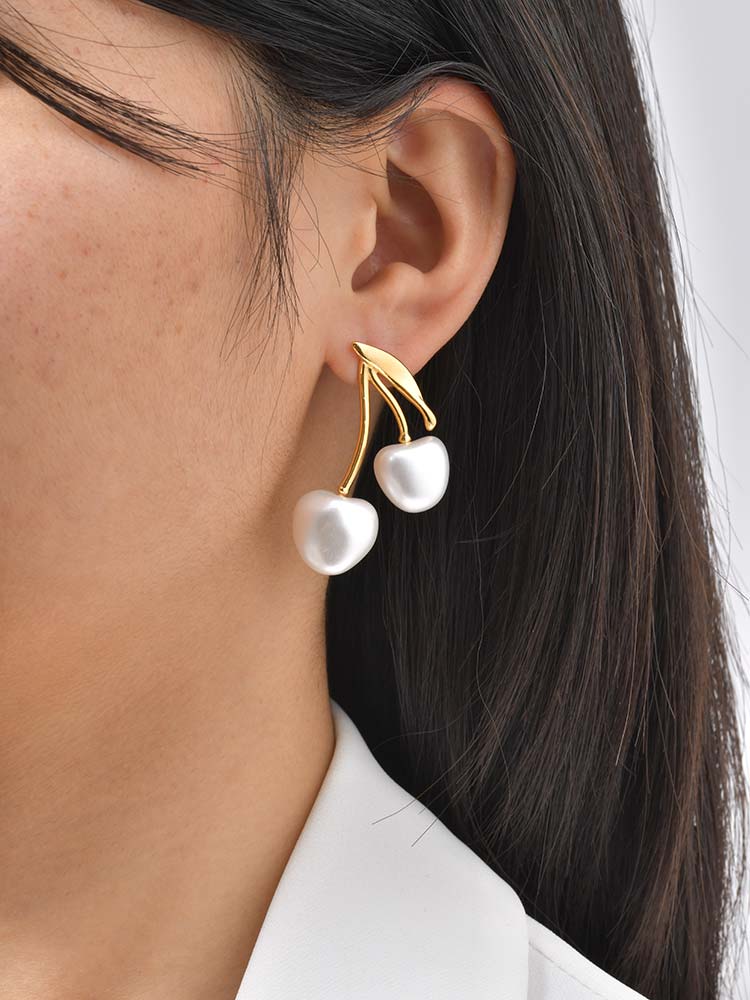 18K Gold Plated Pearl Cherry Earrings, Hypoallergenic Waterproof Stainless Steel, Elegant Jewelry for Women, Cute Fruit Studs