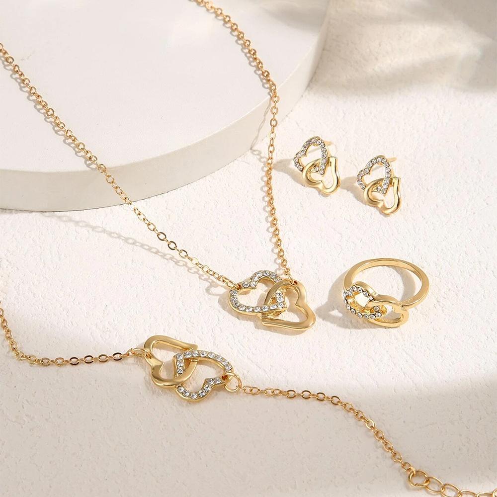 5-teiliges Set Modisch Elegant Gold Strass Herzförmig Dekorative Zirkon Ohrringe Halsketten Armbänder Ring Kombinationen