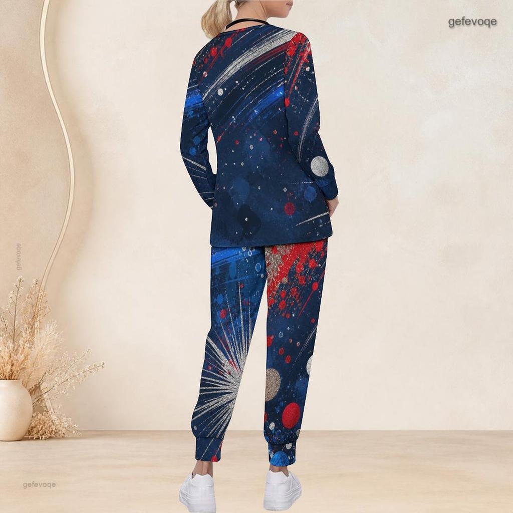 Women Plus Size V Neck Long Sleeve Scrub Set Vintage American Flag Star Stripe Print Nurse Uniform Set