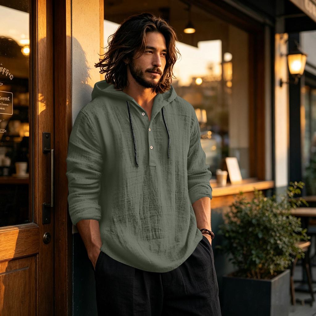 Men's Linen Cotton Hoodie Long Sleeve Casual Pullover