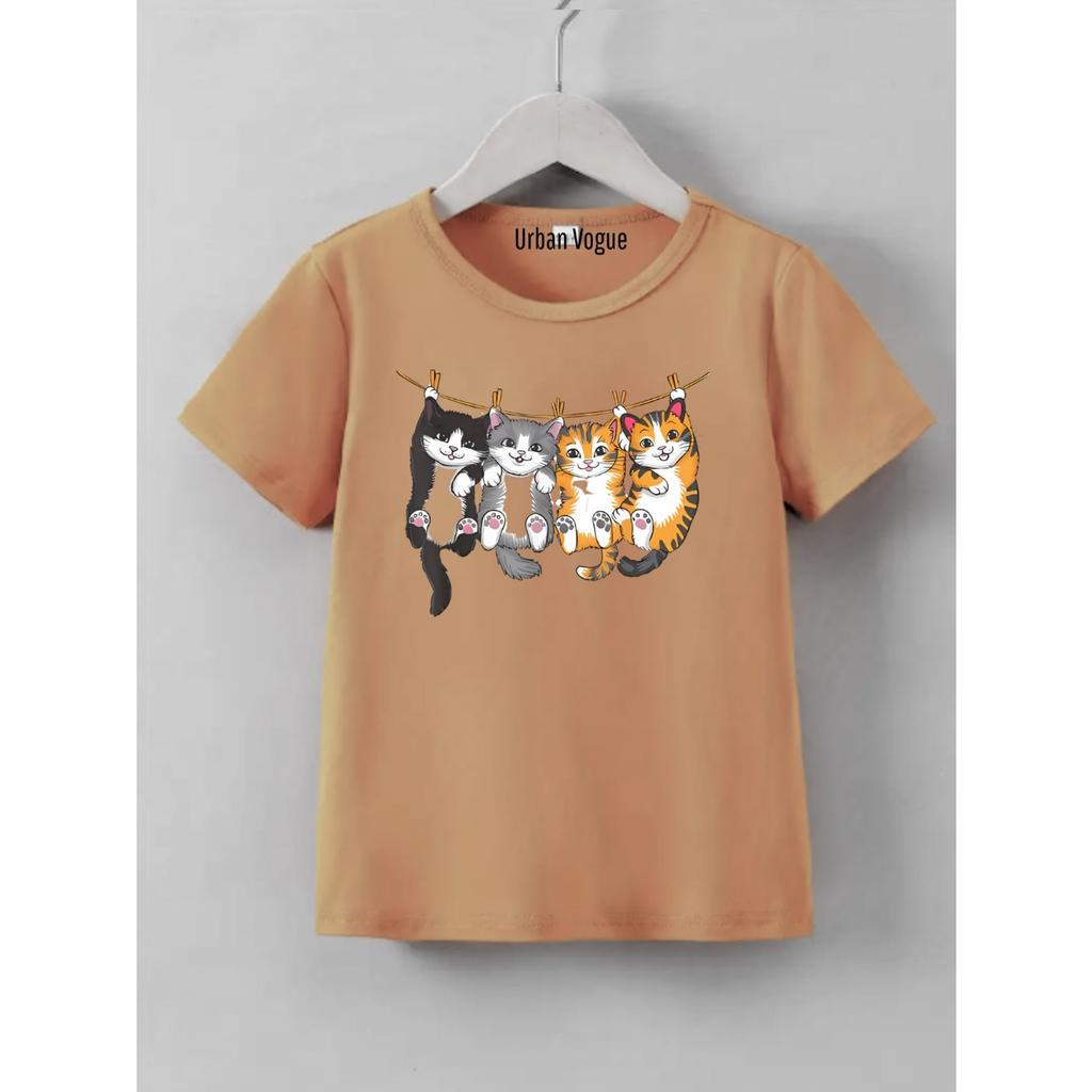 Camiseta Infantil menina Gatinhos no Varal Blusa Básica Menina de Manga Curta com Estampa