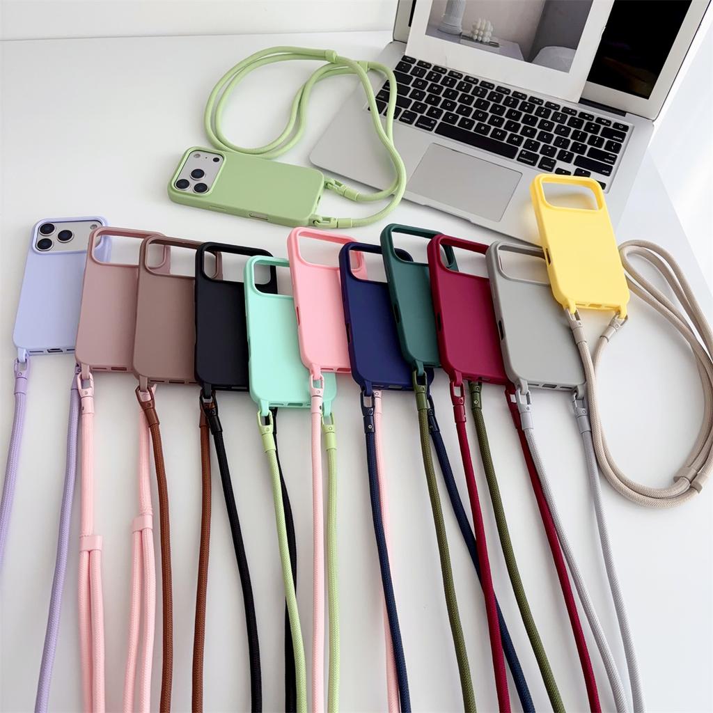 Silicone Phone Case for IPhone 17 Air 16 16E 15 14 Plus 11 13 12 Mini Pro Max Crossbody Lanyard Candy Color Soft TPU Back Cover