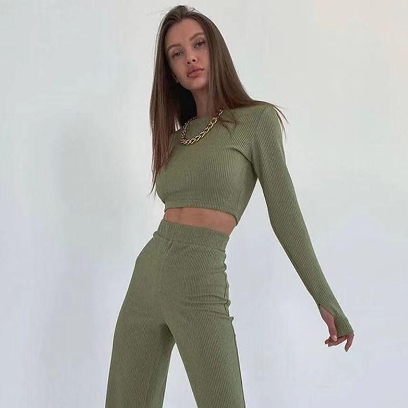 Fashion Style Short Top and Trousers Fashion Sunken Stripe Knitting Suit Knitted Top and Pants Set