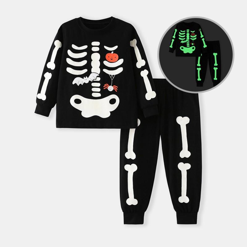 2025 Halloween Kids 2-Piece Pajamas Set Glow In Dark Cotton Blend Loungewear Toddler Boys Girls 3-8Y
