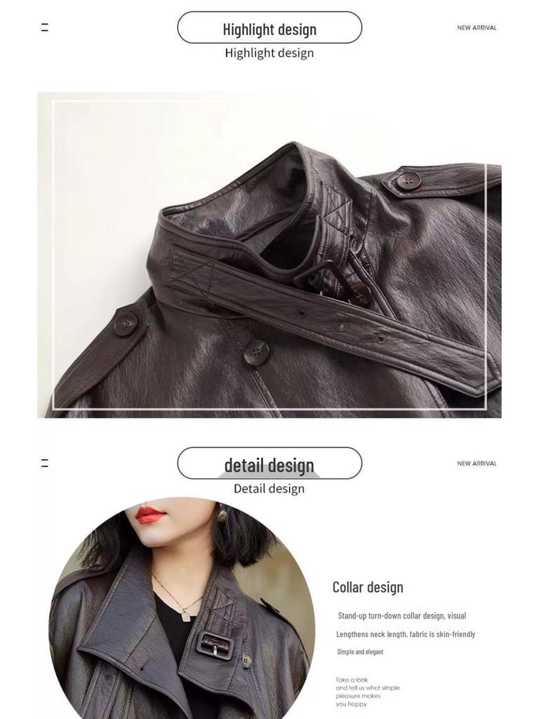 Women's 2025 Autumn American Style Stand Collar Leather Motorcycle Jacket