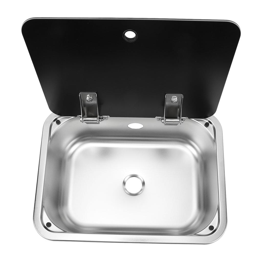 RV Sink Square 15.2 X 11.2 X 5.44in Single Bowl Stainless Steel Sink with Tempered Glass Lid and 40mm Drain Hole for