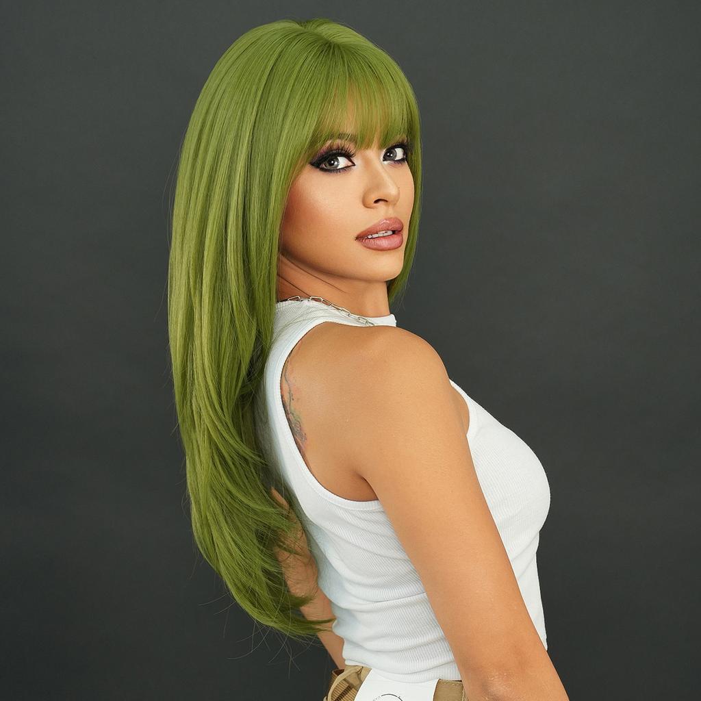 European and American Style Women's Party Wig Vanilla Green Long Straight Wig Layered Synthetic Full Wig