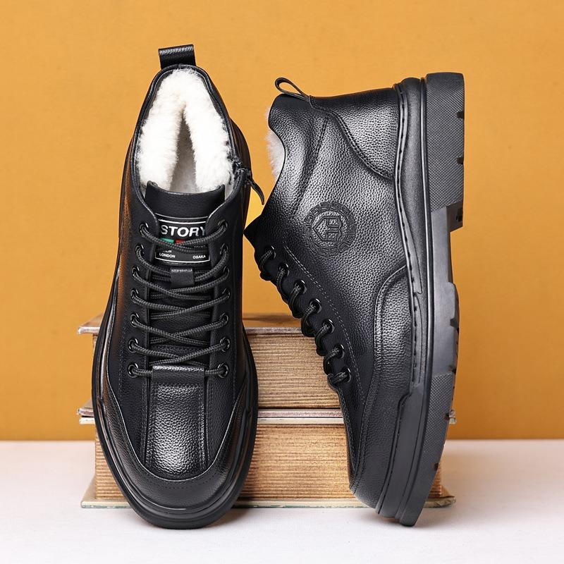 Fashion Retro Leather Velvet Warm Platform Snow Boots for Men Designer Soft-soled Winter Men's Cotton Shoes Fashion Wool Work Boots Male