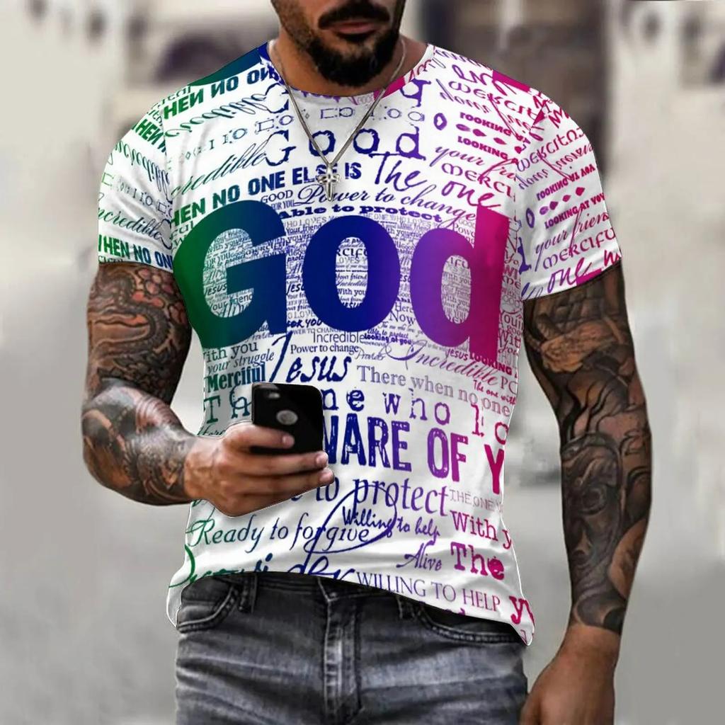 New Fashionable Letter Jesus Printed 3D Graphic Men's T-shirt Fashionable Street Round Neck Short Sleeved Casual Top T-shirt