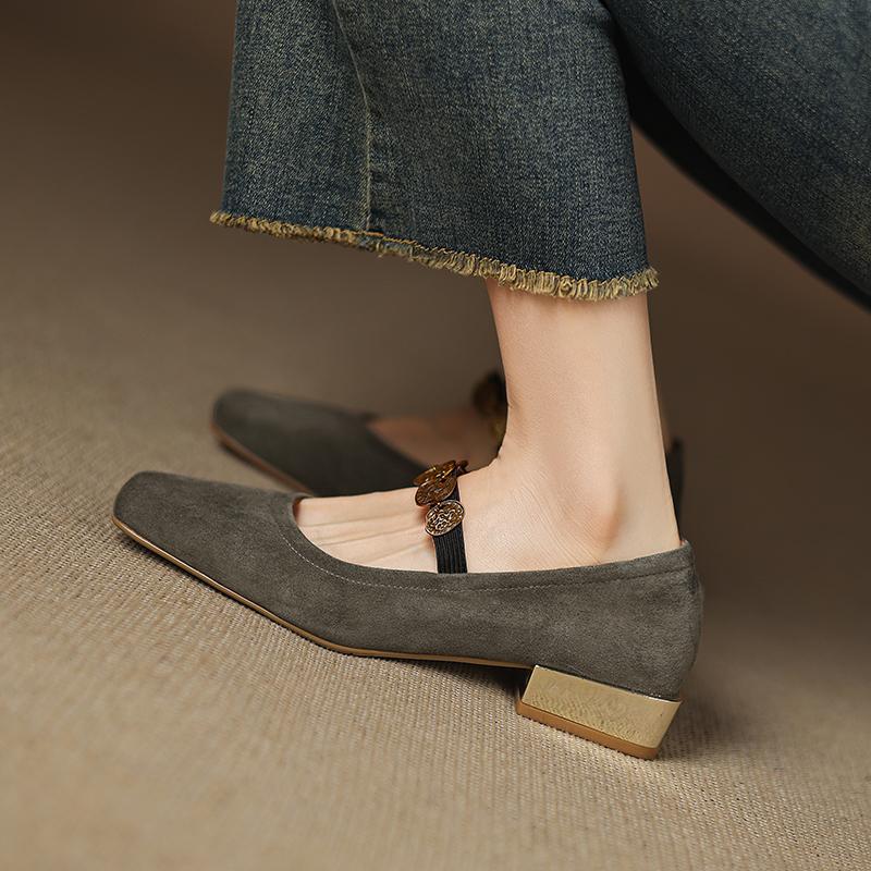 Fashion 2025 NEW Spring Women Pumps Square Toe Low Heel Shoes Sheepskin Suede Shoes for Women Concise Belt Buckle Mary Janes Shoes