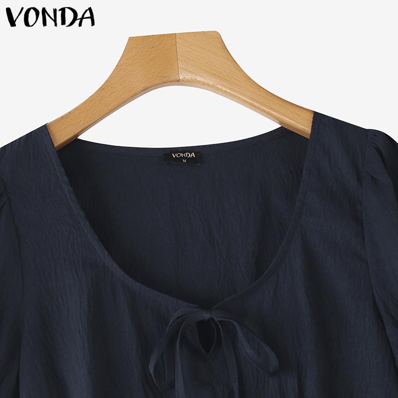 VONDA Summer Women Lace-up V Neck Puff Sleeve Ruffled Casual Blouse