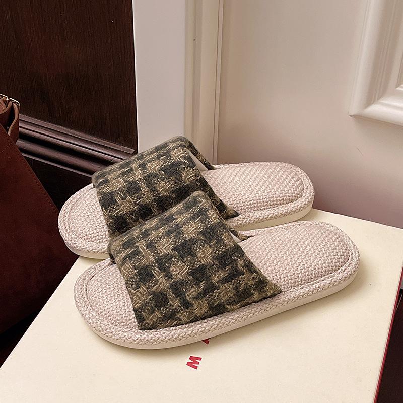 

2025 новые клетчатые льняные тапочки женские домашние тапочки с открытым носком впитывающие пот бесшумные четырехсезонные тапочки нескользящие классные тапочки мужские 44-45 армия зеленый