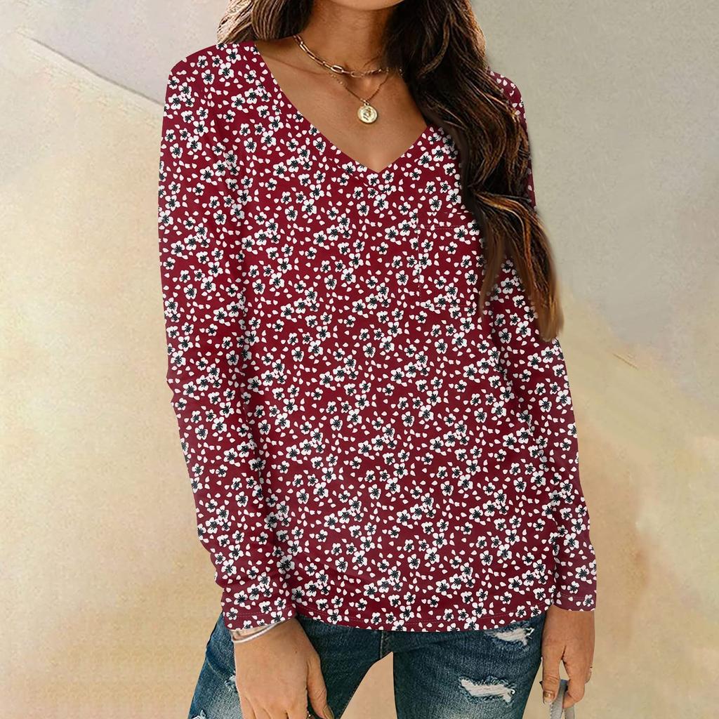 Modisches, lässiges Langarm-Oberteil mit Blumendruck und V-Ausschnitt für Damen mit Taschen