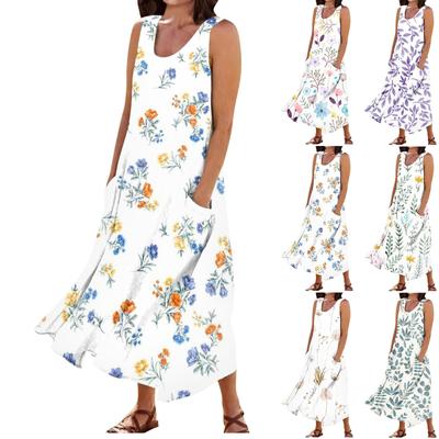Modisches, lässiges, einfarbiges, ärmelloses Baumwoll-Leinen-Taschenkleid für Damen