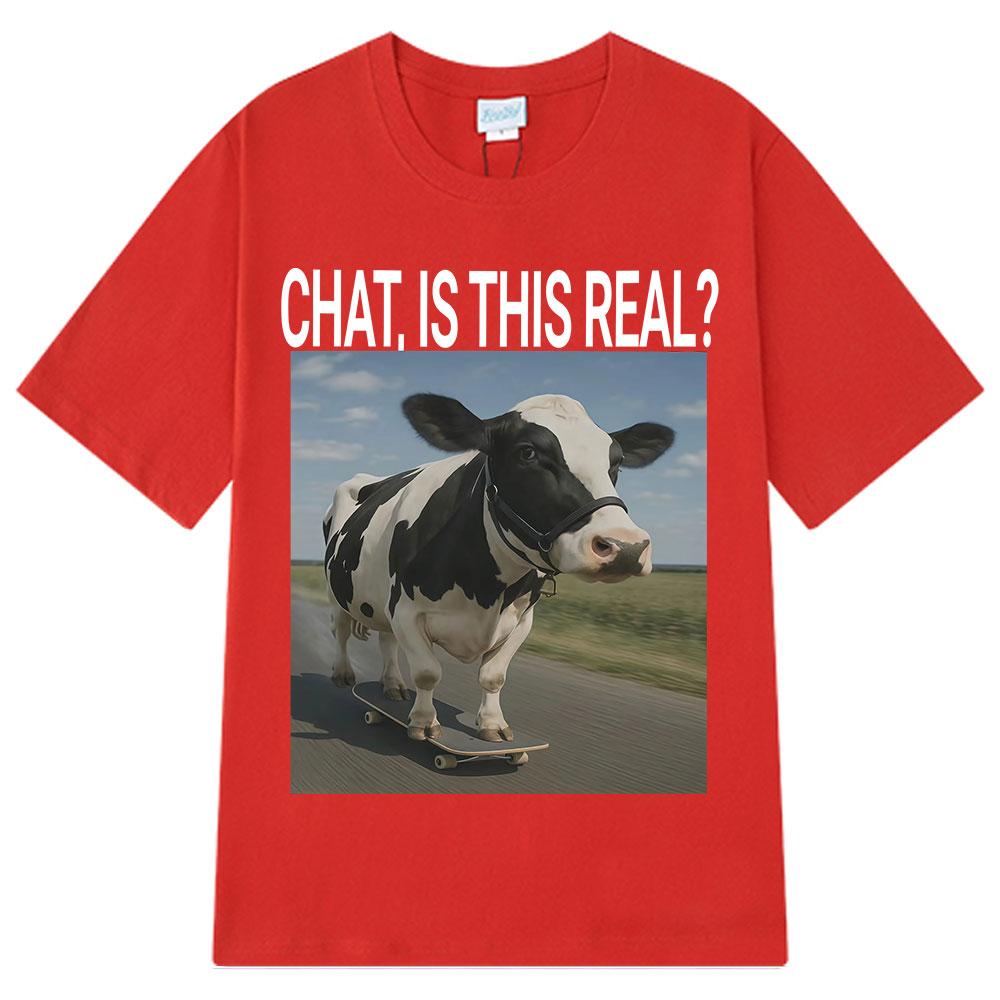 Unisex CHAT IS THIS REAL Cow Skateboard T Shirt Funny Graphic Print Short Sleeve Tee Casual Summer Top for Teens 2026 New XL