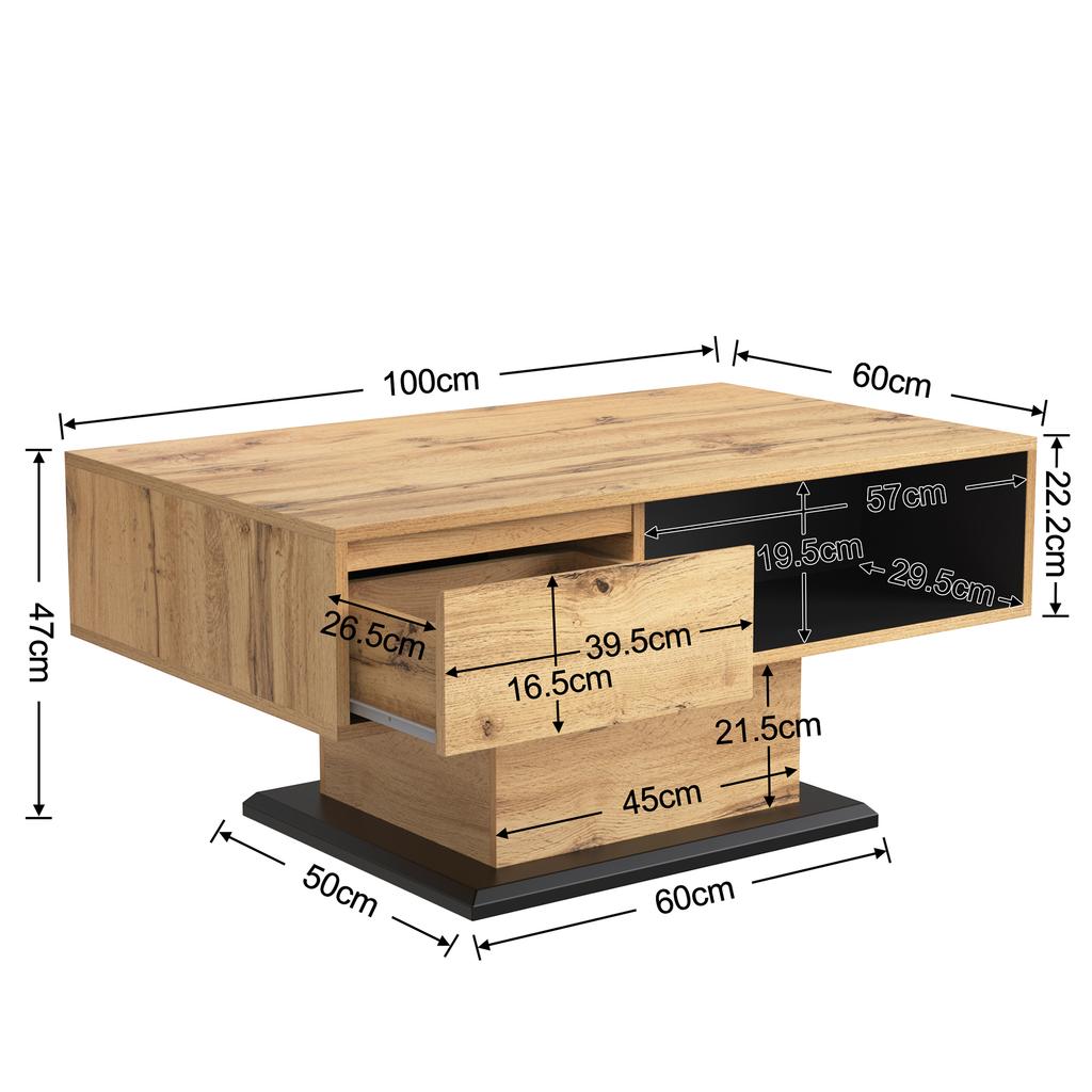 Wood Grain Coffee Table with Handleless Drawer, Storage Compartment and Rear Compartment, Double-Sided Storage, Office/Living Room Sofa Table