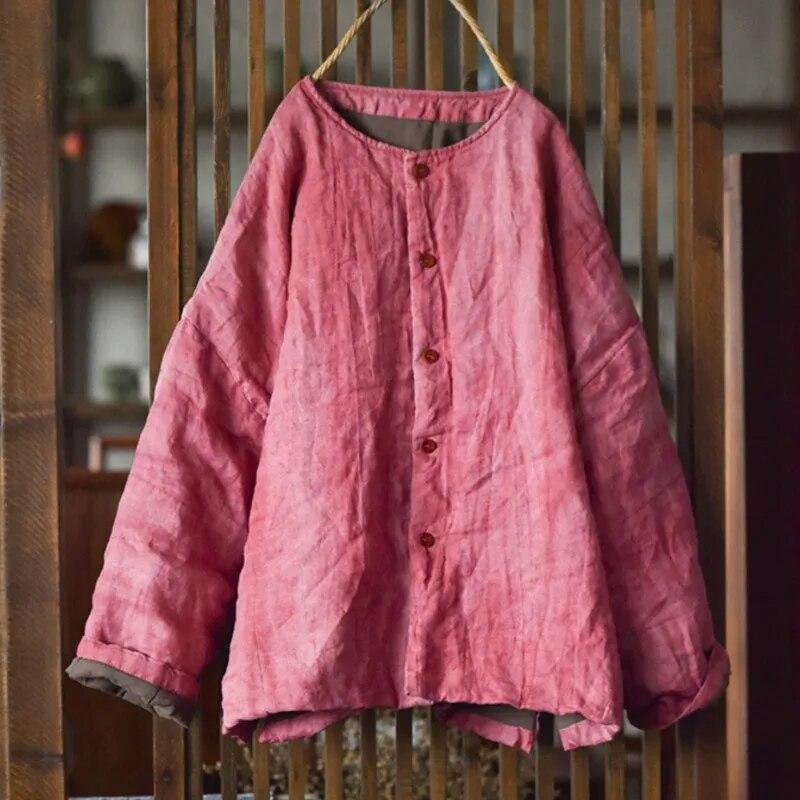 Johnature Women Vintage Parkas O-Neck Long Sleeve Solid Color Spring Coats Button Plus Cotton Chinese Style Parkas