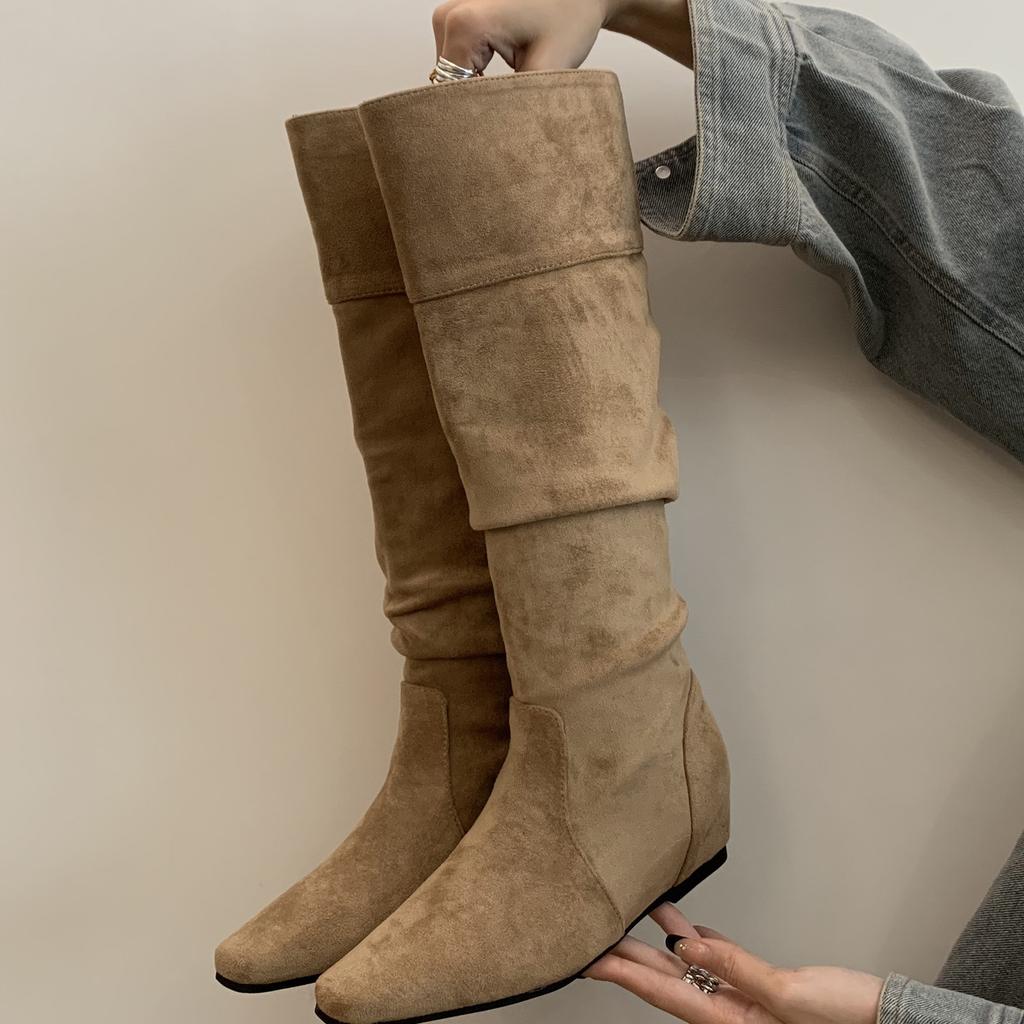 Botas Skinny de Camurça Cáqui Botas de Cavaleiro com Pelo Femininas 2025 Novo Outono e Inverno Skinny Salto Alto Botas Longas