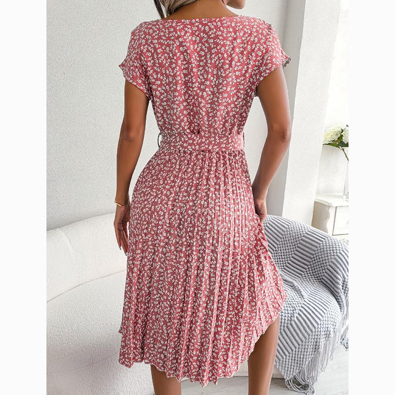 New Summer Short Sleeve Casual Dress Women Sexy Floral Print Pleated Dress for Women Summer High Waist A Line Loose Dresses 24116