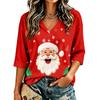 Women's Casual Christmas Print V-Neck Three-Quarter Sleeve Blouse for Holiday Party