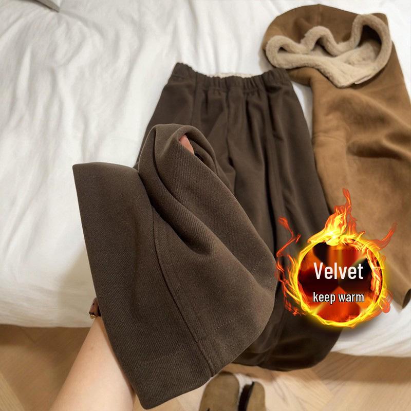 

Melanoid Brown Woolen Wide-Leg Plus Size Winter Pants: Autumn Casual Sweatpants for Women XL