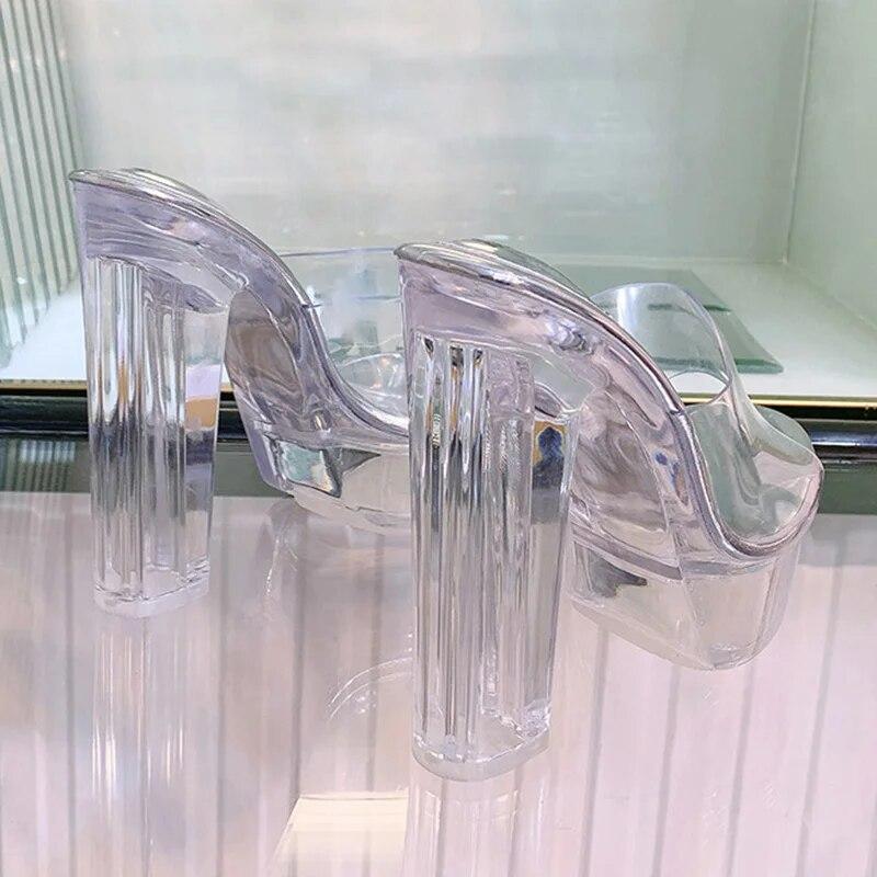 Frauen Dicke High Heels Flacher Mund Kristall Transparent Sexy Bühne Laufsteg 13 cm Absatz 3,5 cm Plattform WZ