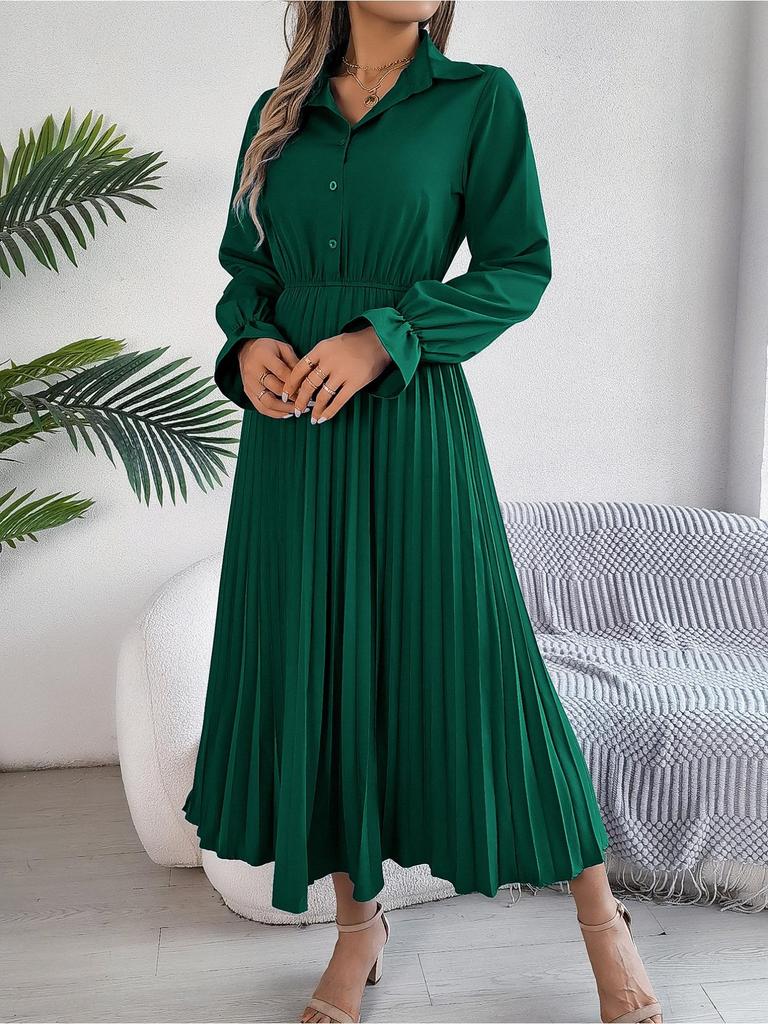 Abito a Colletto Reversibile Monocolore Abito Elegante Plissettato a Vita Alta per Donna Abiti Ampi a Maniche Lunghe Abito Casual