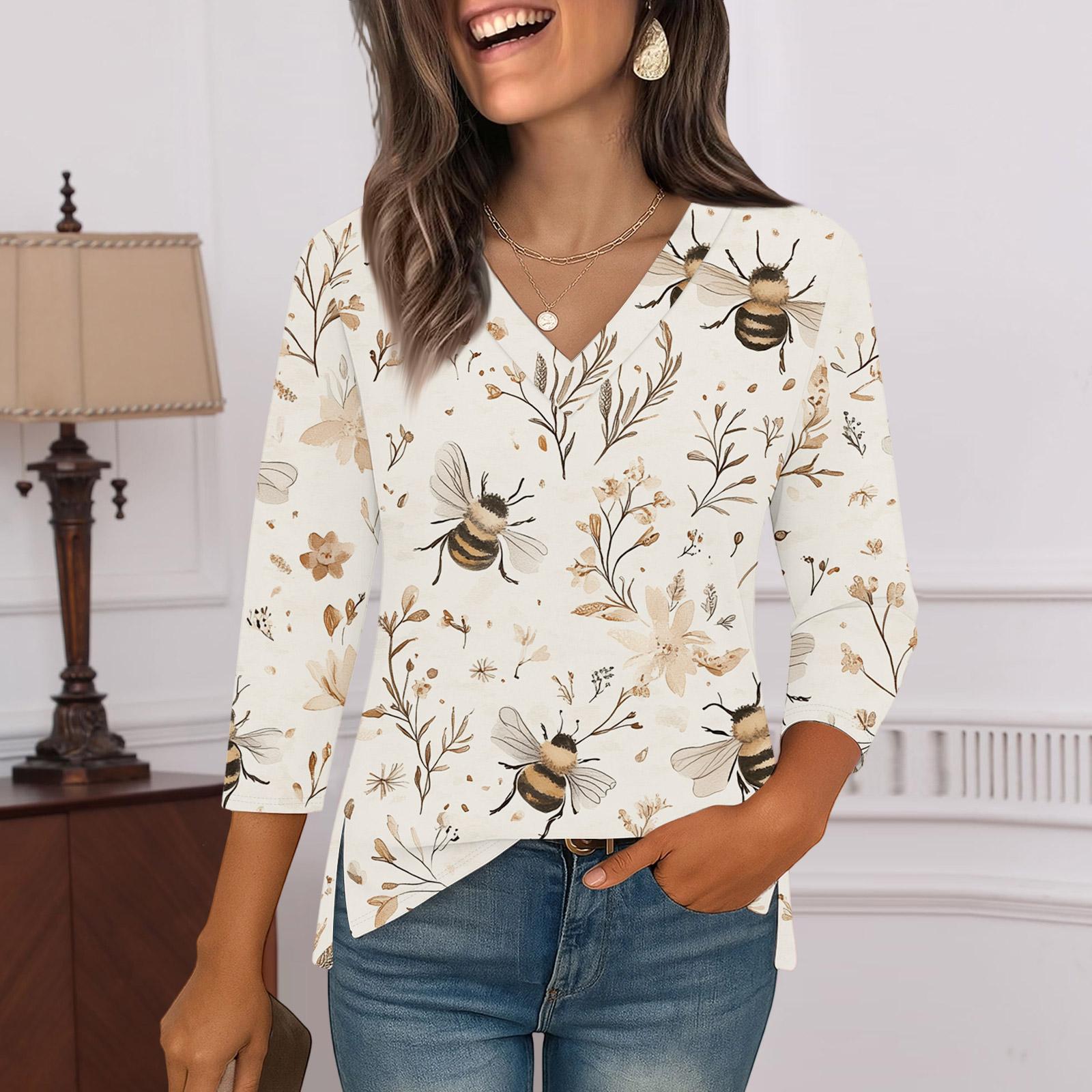 

Рубашки с рукавом 3/4 для женщин, футболки с принтом, блузки, повседневные базовые топы больших размеров, пуловеры XXL бежевый