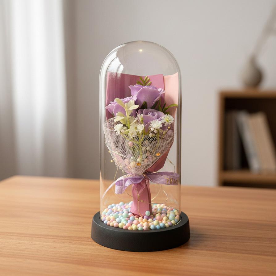 1 Artificial Rose Immortal Flower Bouquet Glass Cover Soap Flower Qixi Festival Valentine's Day Gift Creative Christmas Gift