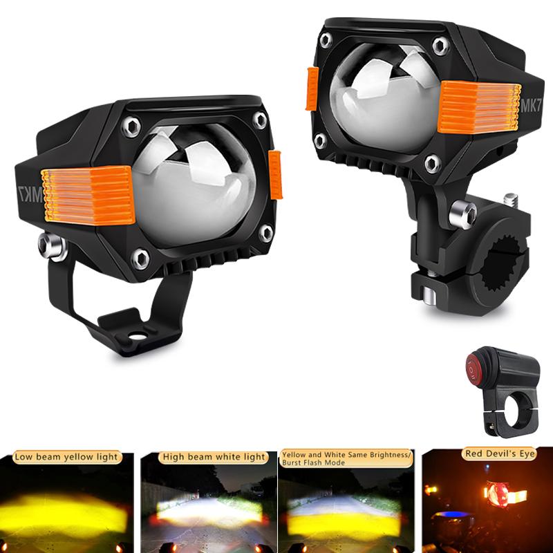 LED Motorcycle Auxiliary Spotlights Hi/Low Beams With Red Devil Eyes Driving Fog Lights for Truck Golf Cart SUV ATV 4X4 12V 24V