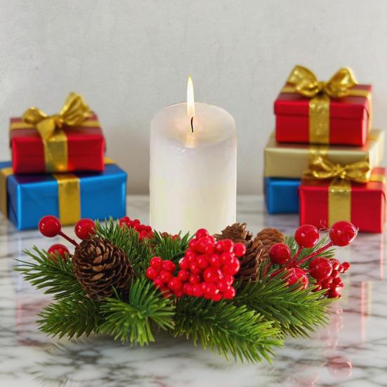 Christmas Candle Ring Wreath Artificial Red Berry Pinecone Pine Needles Candle Wreaths Small Tabletop Candle Holder for Home Party Fireplace Decor