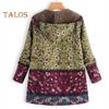 Women Winter Coat Retro Floral Print Zip Up Hooded Jacket Mid Length Plush Thick Warm Pockets Long Sleeves Daily Leisure Wear