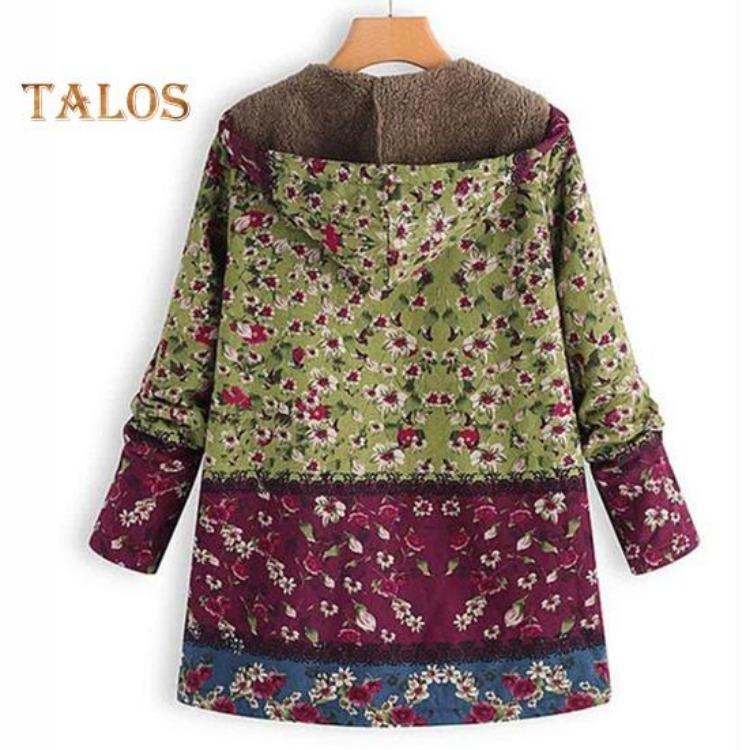 Women Winter Coat Retro Floral Print Zip Up Hooded Jacket Mid Length Plush Thick Warm Pockets Long Sleeves Daily Leisure Wear