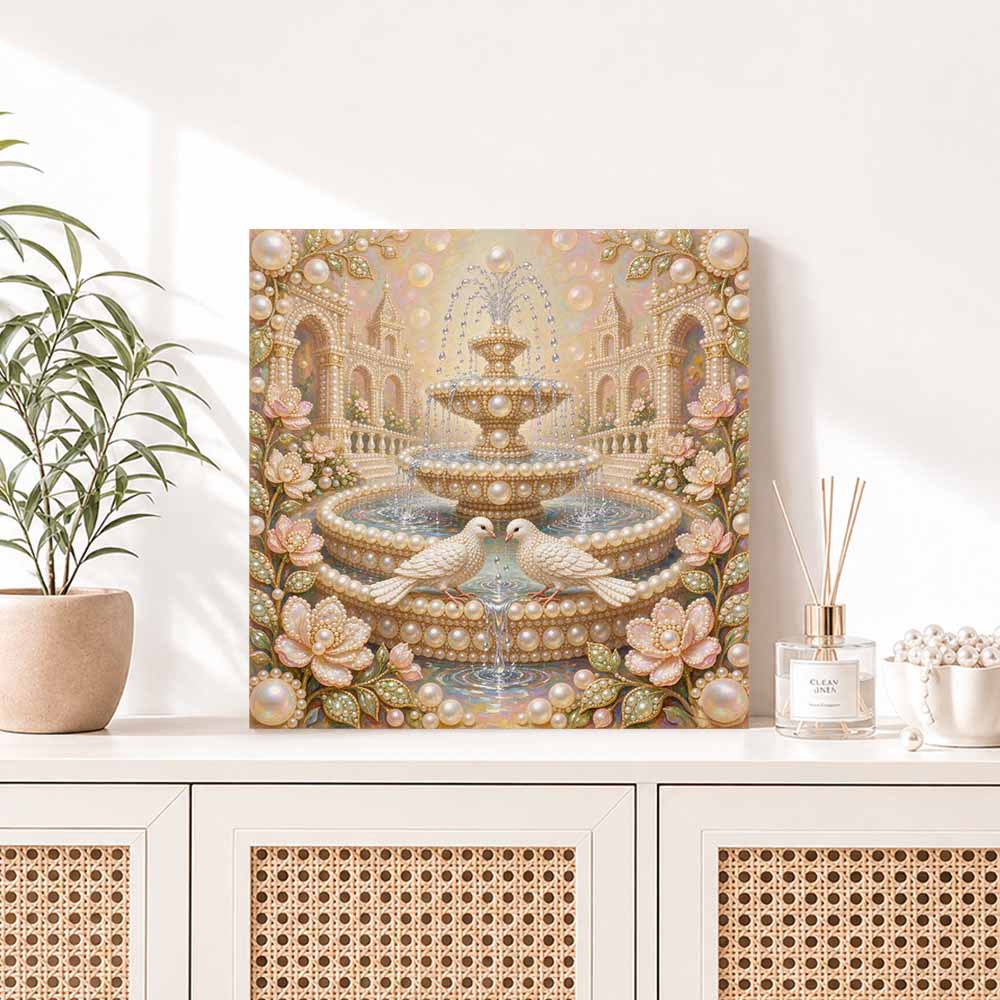Pearl Painting 5D DIY Decorative Painting. Cute Birthday Gift. Elegant Palace Fountain With Doves And Flowers Handmade Art Painting