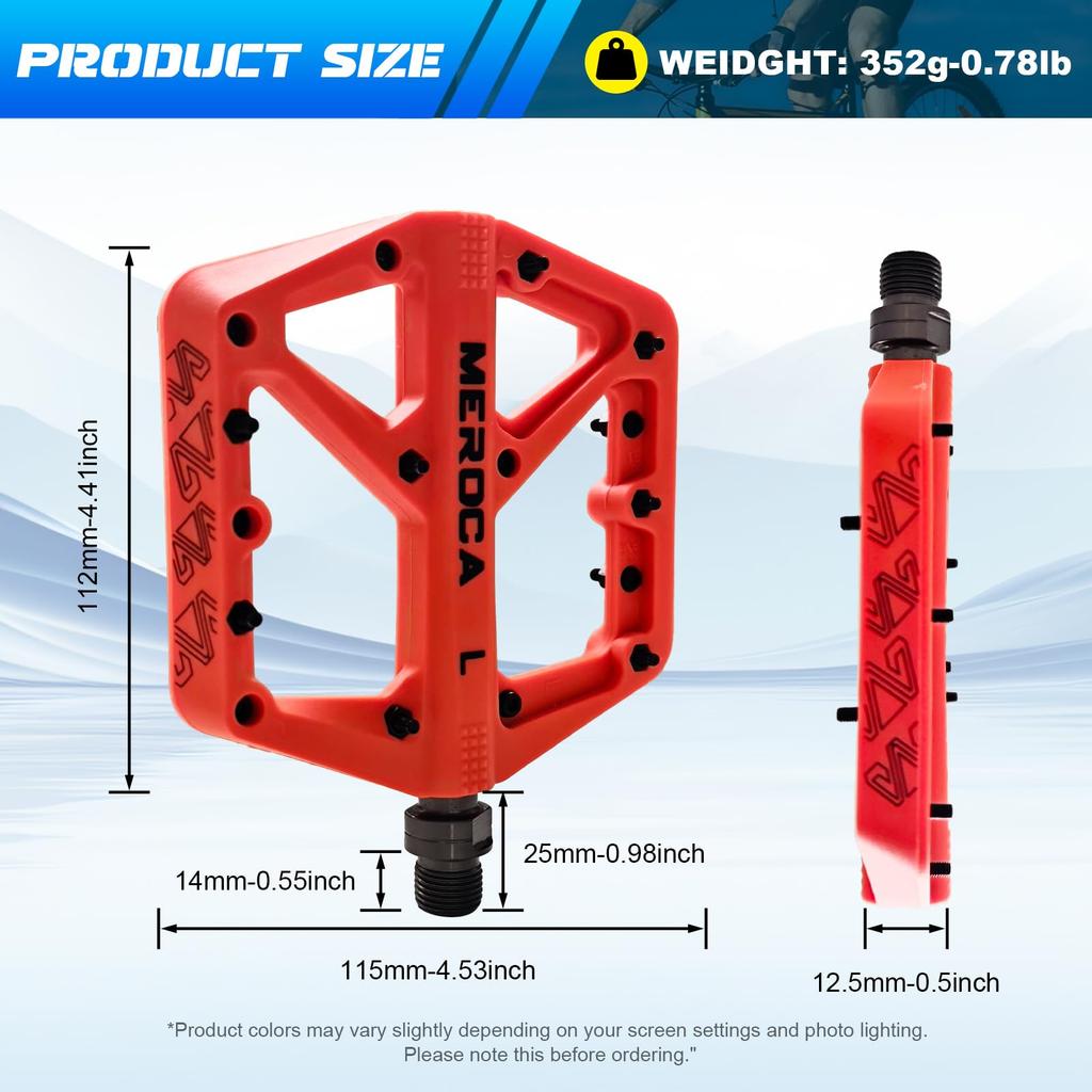 TINGSING Mountain Bike Pedals MTB Road Nylon Fiber Bicycle Lightweight Wide Flat Platform Cycling MTB Accessories Double Sided Pins Orange Non-Slip