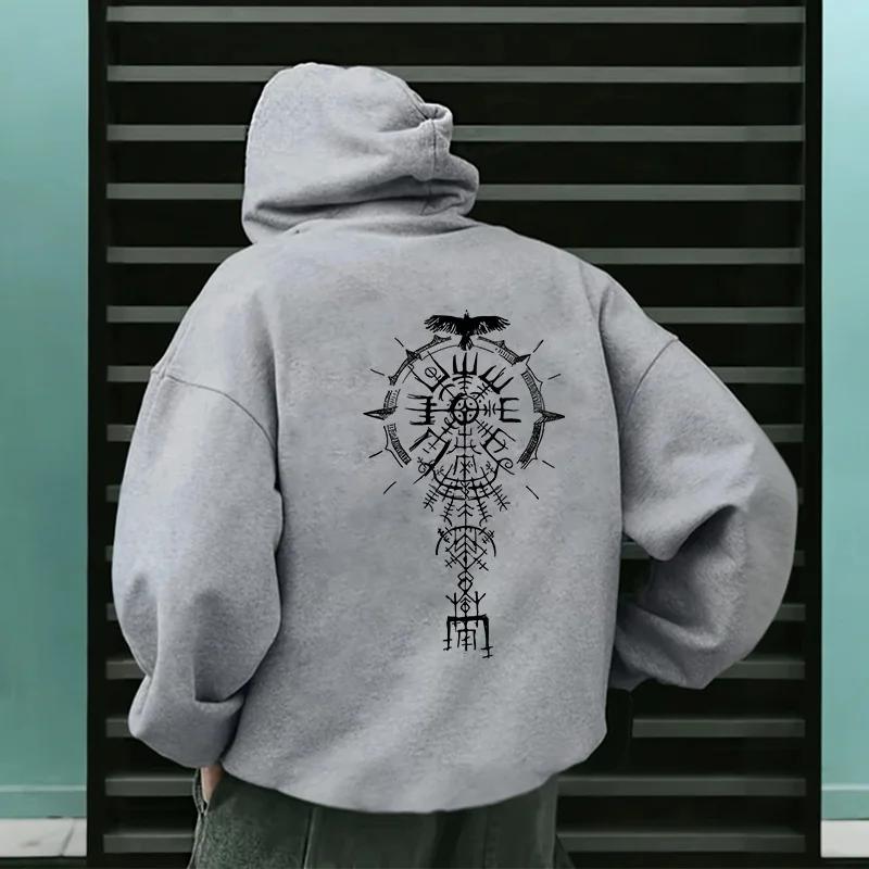 

Men s Hooded Sweatshirt Autumn Winter Casual Sporty Hoodie High Grade Ancient Viking Raven Pattern Coats Male Urban Fashion Tops 3XL