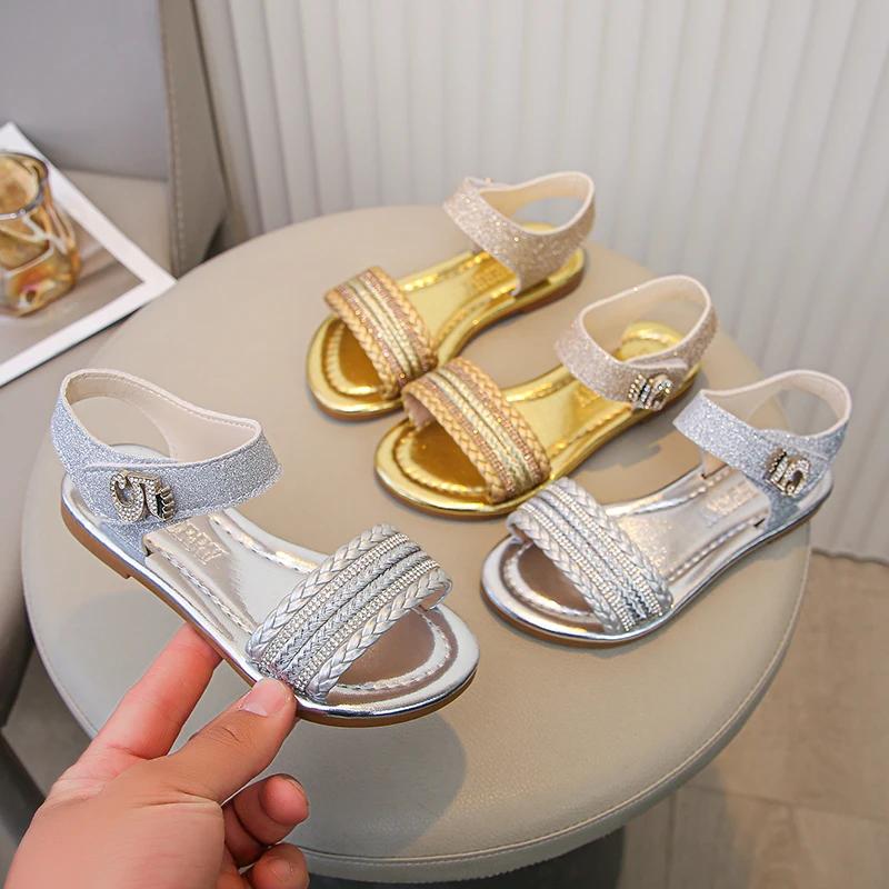 Girls Glitter Beach Shoes 2025 Summer Brand New Shiny Bling Princess Kids Flat Sandals Open Toes Sweet Children Swimming Sandals