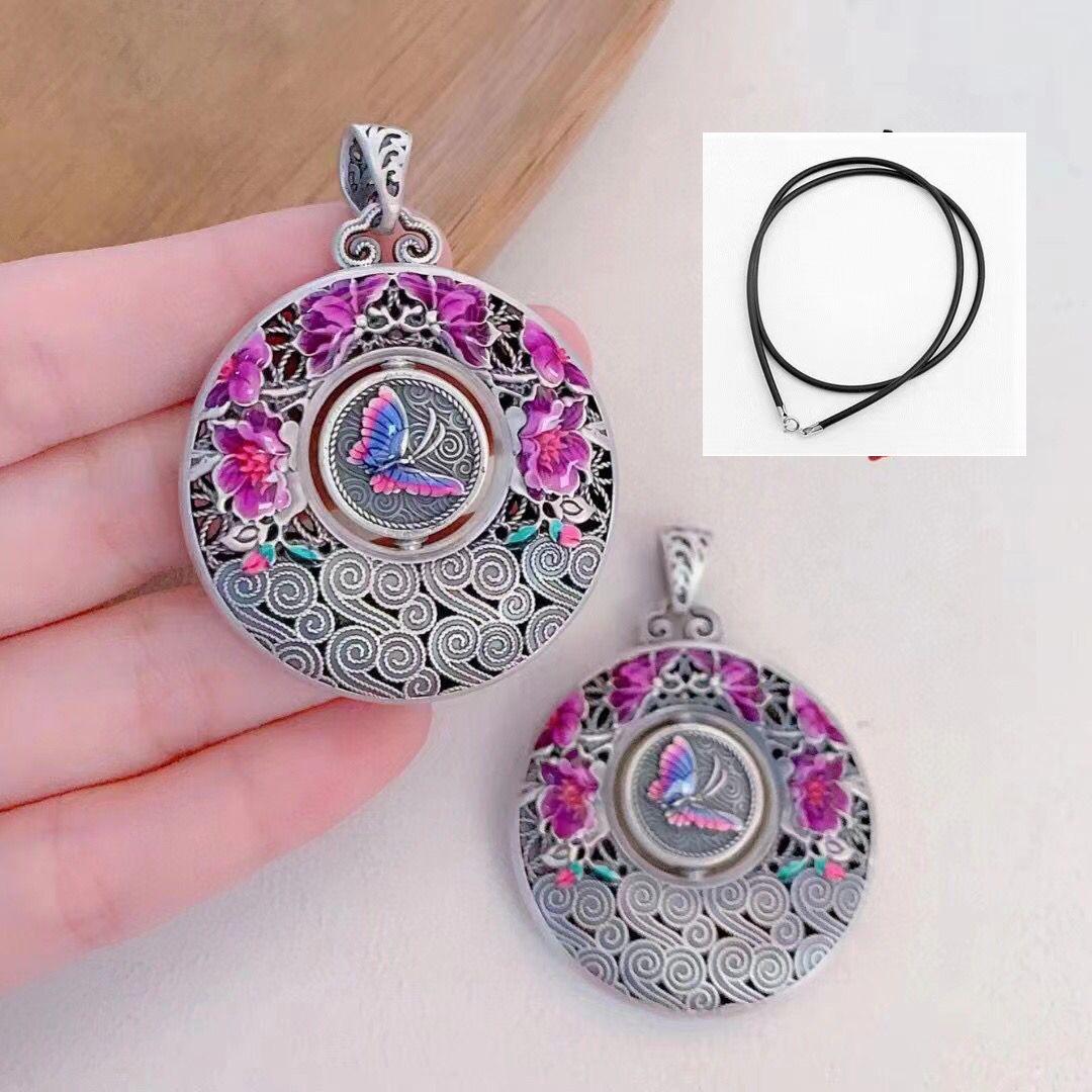 Sterling Silver 999 Butterfly Dream Enamel Pendant Necklace - Chinese Style Women s Silver Lock Accessory