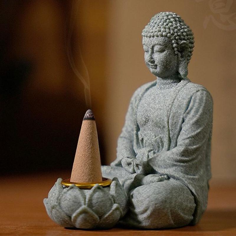 Klidní Buddhové Kamenná socha s držákem na čajovou svíčku a kadidlo Meditační sedící Buddha Soška Figurka Dekorace