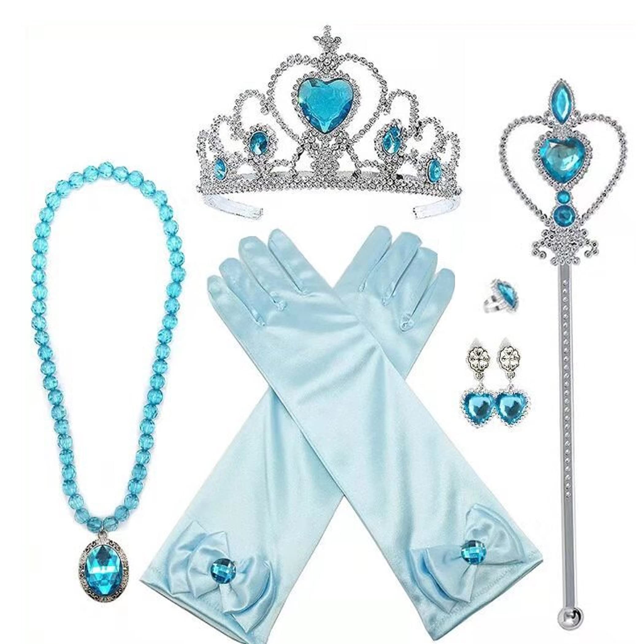 DERAYEE Princess Gloves for Cosplay, Princess Elsa, Kids Frozen Costume, Frozen Gloves, Party Tiara, and Magic Wand Accessory Set for Ages 6 and Up