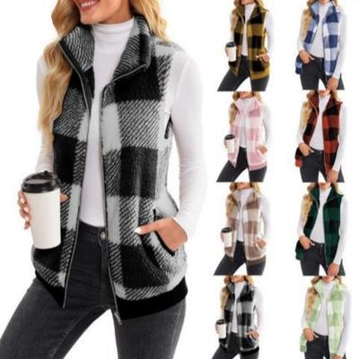 New Women's Plaid Fleece Cardigan Vest - Stand Collar Sleeveless Outerwear for Ladies - Comfortable Casual Jacket