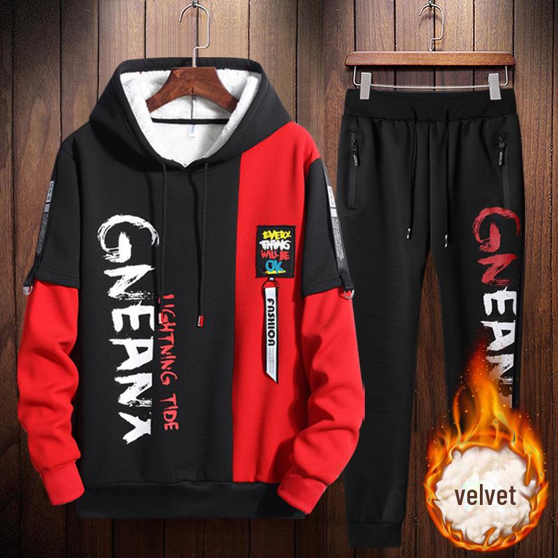 

Men s 2026 Autumn/Winter Hooded Sweatshirt and Youth Plus Velvet Thickened Jacket Set XL