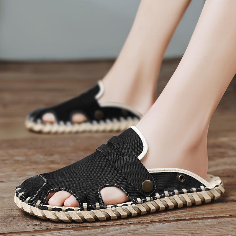 Fashion Breathable Hand sewn canvas casual slippers Trendy men's design styles Street outdoor walking Black daily shoes summer New Flat