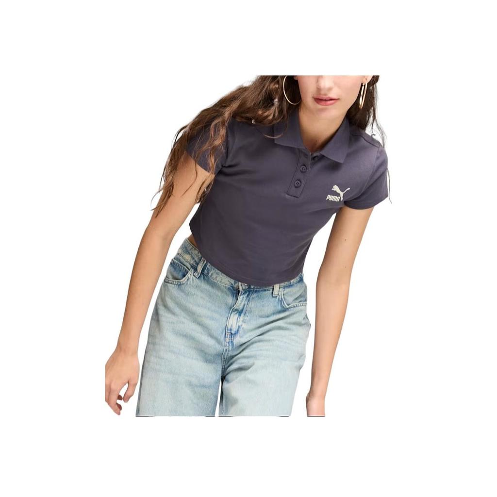 Puma Classics Polo Baby Tee Solid Color Casual Slim Fit Short Sleeve Polo Shirt Women Tops Black 628048-01