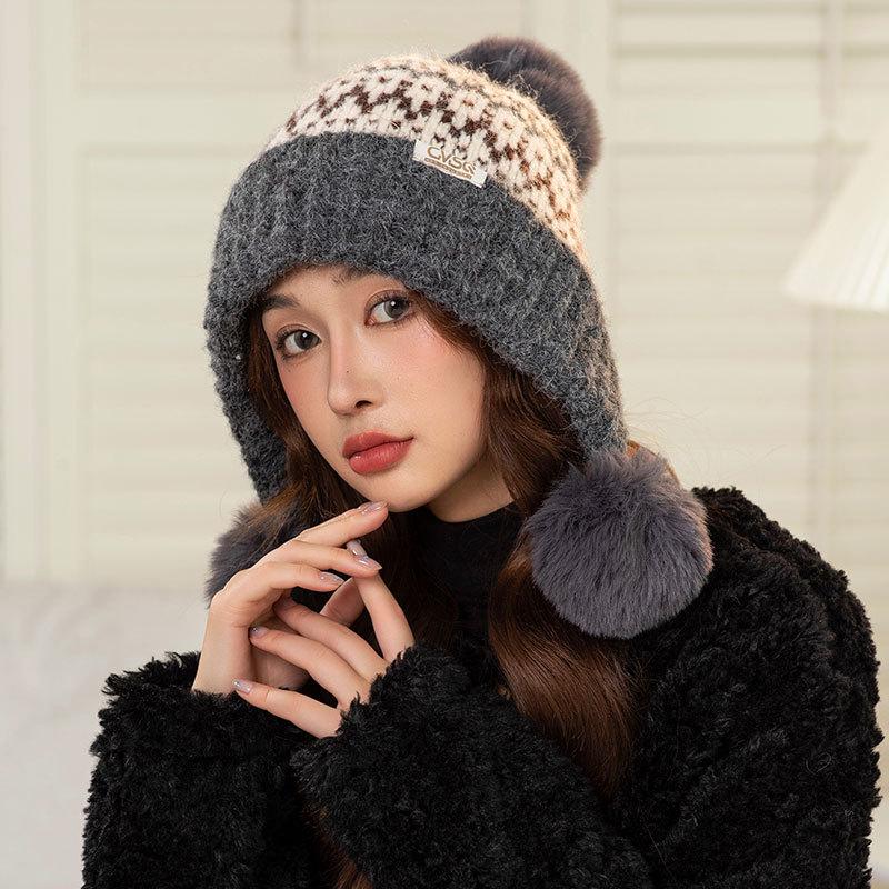 Mode Farbabstimmung Pompon Ohrenschutz Warme Mütze Damen Winter Radfahren Fleece Kälteschutz Wollmütze Tide