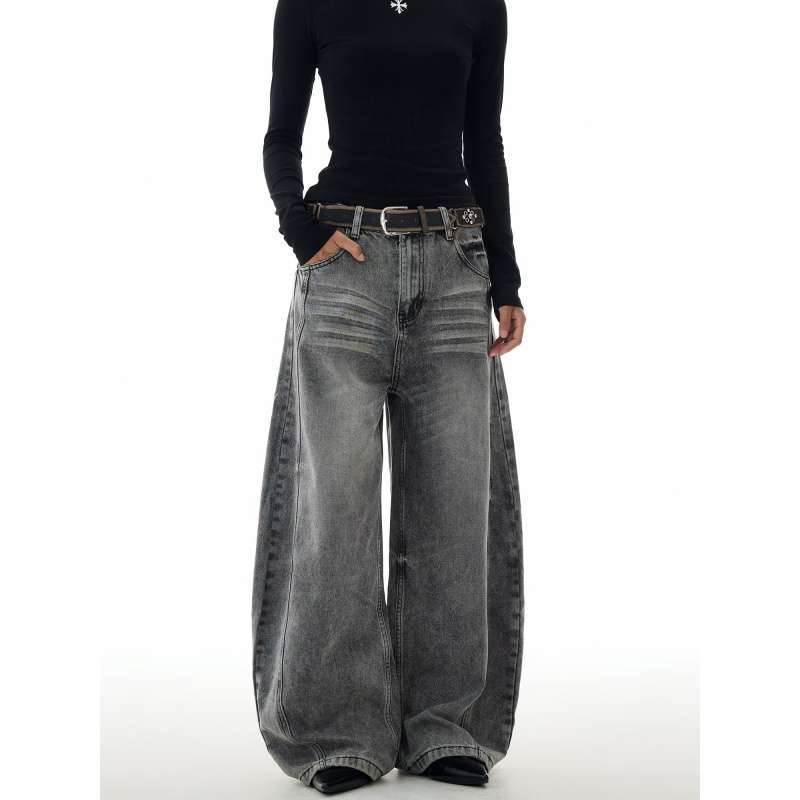 JYL Women s Bootcut Jeans American New Black Gray  Autumn Loose Sickle Denim 3XL античный рубиновый