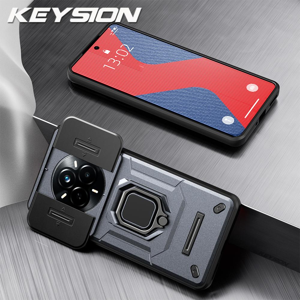 

KEYSION Противоударный чехол для Realme 14 Pro+5G Slide Camera Protection Metal Ring Stand Phone Back Cover для OPPO Realme 14 Pro 5G for Realme 14 Pro 5G серый